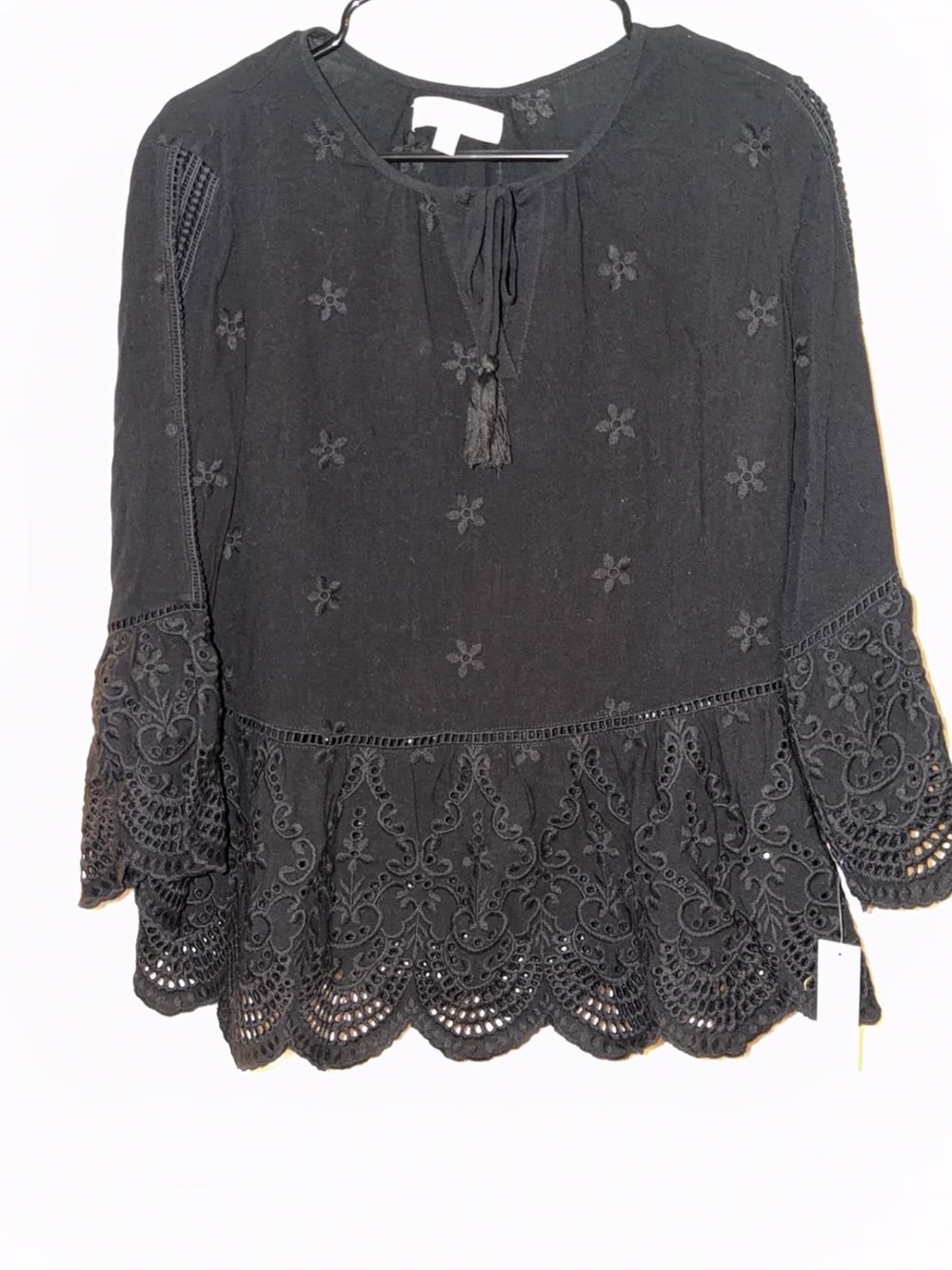 Black Lace-Trim Boho Peasant Top - Unknown Brand
